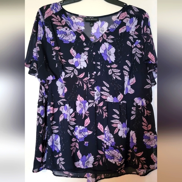 Woman's Navy Blue and Pink Floral Top with buttons, peplum style size 18 - Picture 3 of 5